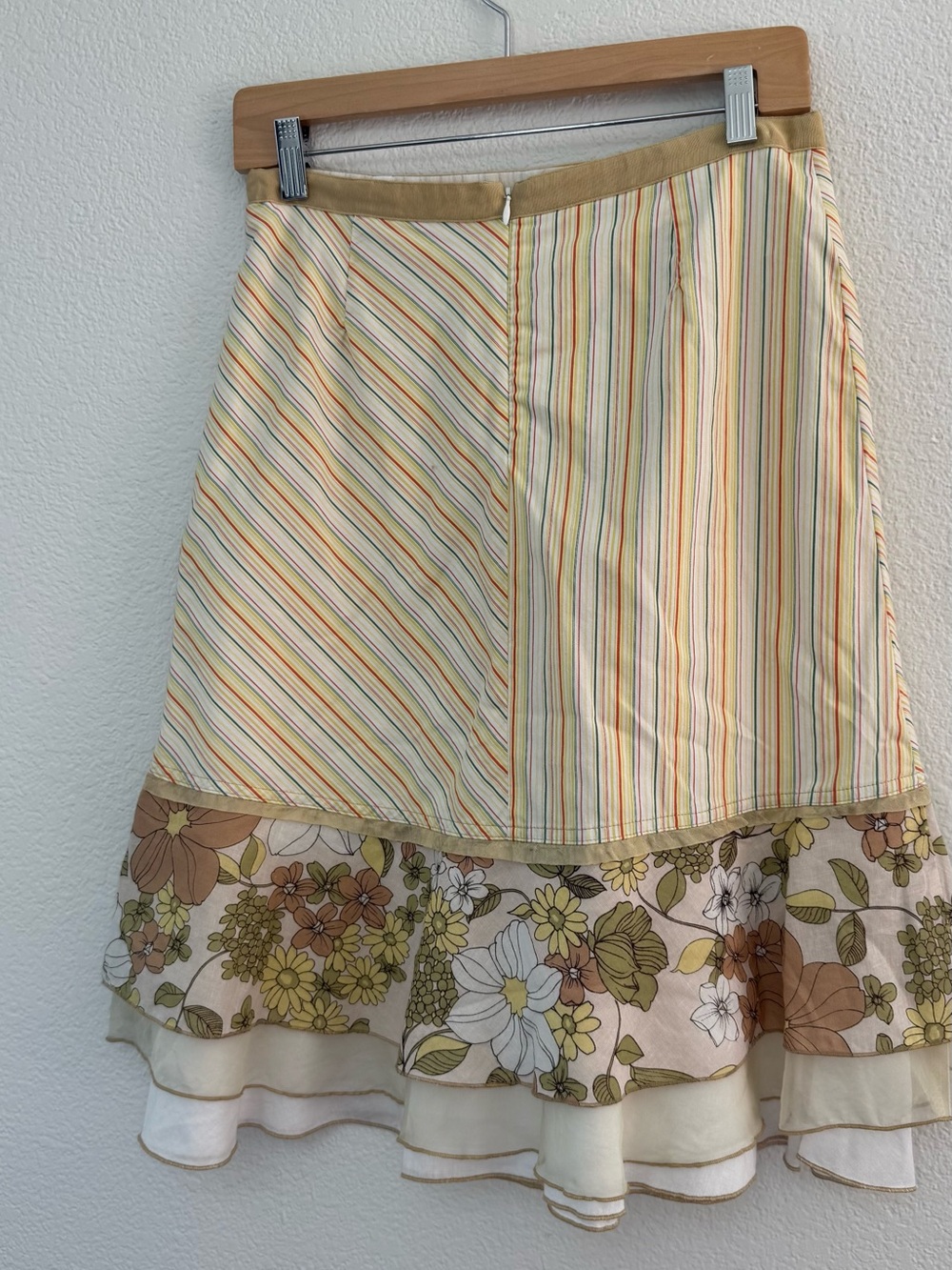 Boho Floral & Stripe A-Line Midi Skirt in Cream and Olive - Picture 3 of 4